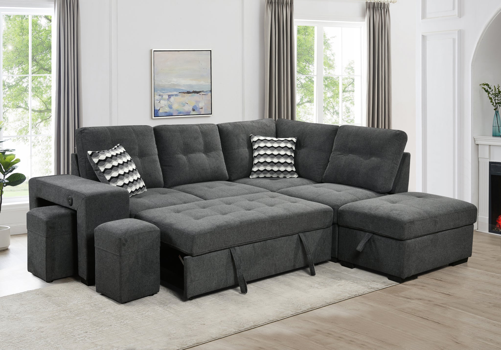 Sectional Pull Out Sofa Bed 101" Reversible L Shaped Corner Sleeper Upholstered Couch With Storage Ottoman, 2 Pillows,Usb Ports,2 Stools For Living Room Furniture Sets,Apartments,Dark Gray Light Brown Wood Primary Living Space Heavy Duty Eucalyptus 4