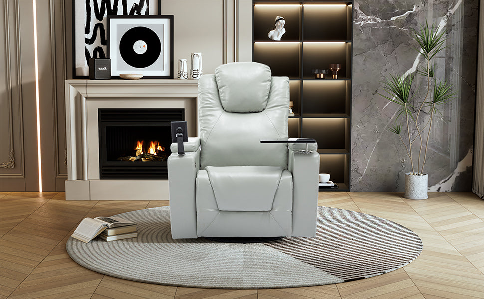 270 Degree Swivel Pu Leather Power Recliner Individual Seat Home Theater Recliner With Surround Sound, Cup Holder, Removable Tray Table, Hidden Arm Storage For Living Room, Grey Grey Foam Pu Leather