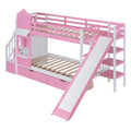 Twin Over Twin Castle Style Bunk Bed With 2 Drawers 3 Shelves And Slide Pink Pink Solid Wood