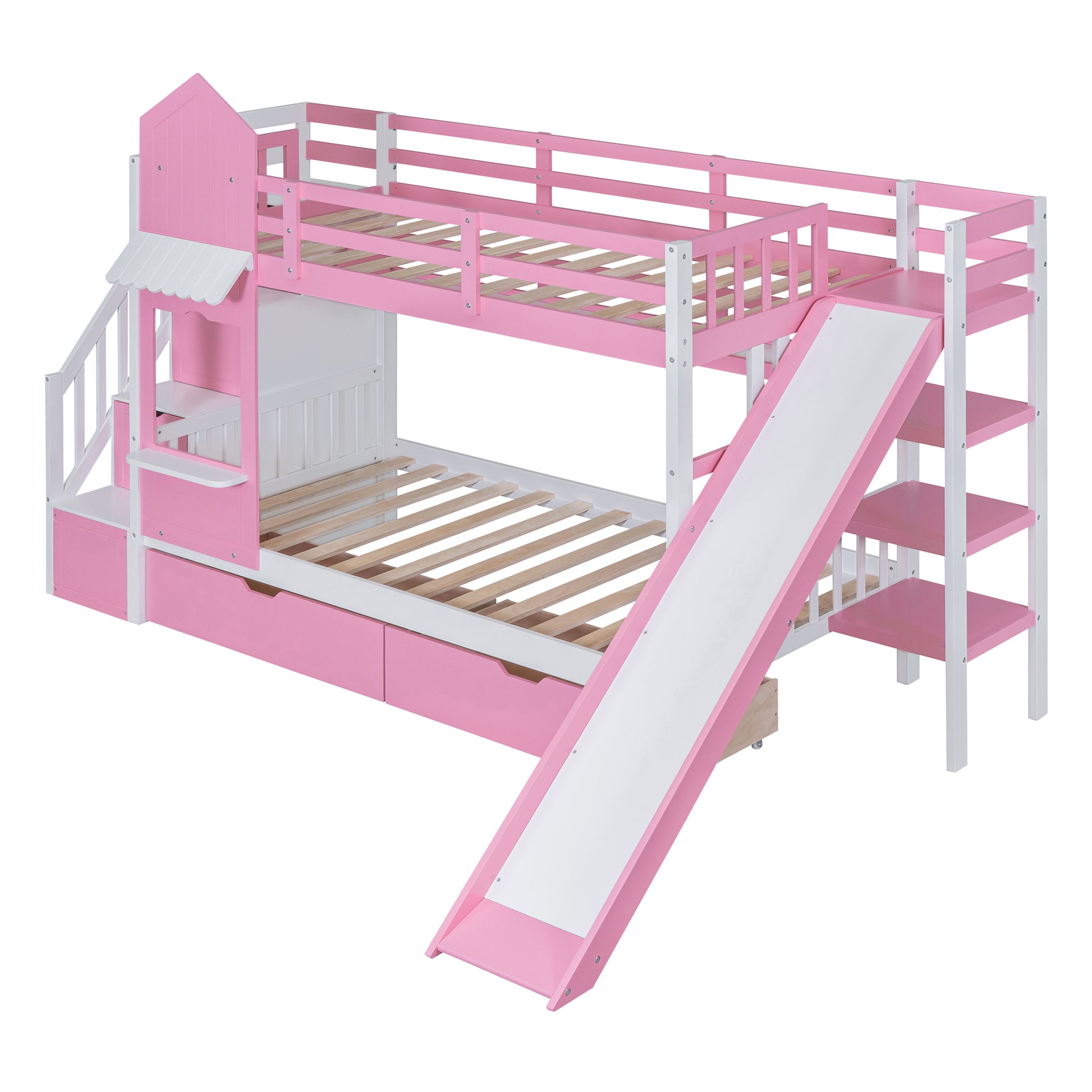 Twin Over Twin Castle Style Bunk Bed With 2 Drawers 3 Shelves And Slide Pink Pink Solid Wood