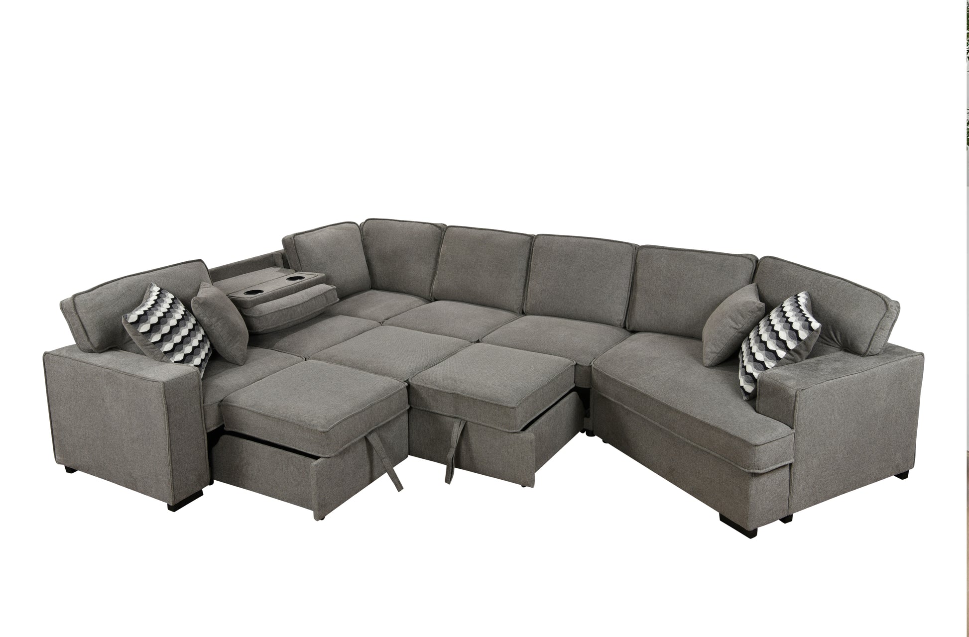 146"Oversized Upholstered Sectional Pull Out Sleeper Bed And Chaise Lounge, U Shaped Sofa With 2 Pull Out Bed, 4 Pillows & 2 Cup Holders On Back Cushions For Home, Bedroom, Apartment, Light Grey Light Brown Wood Primary Living Space Heavy Duty Eucalyptus