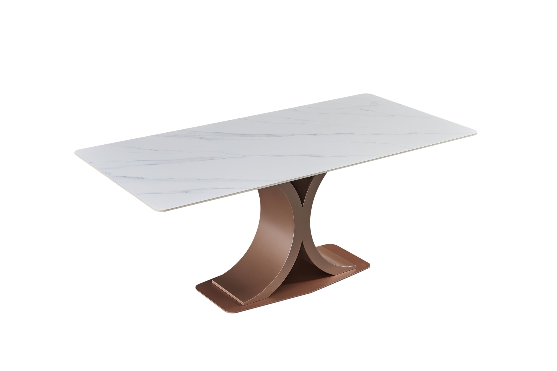 Elegant Red Copper And Carbon Steel Dining Table With Glossy Snow Mountain Stone Top Load Capacity 109.5 Kg Excluding Chairs White Carbon Steel