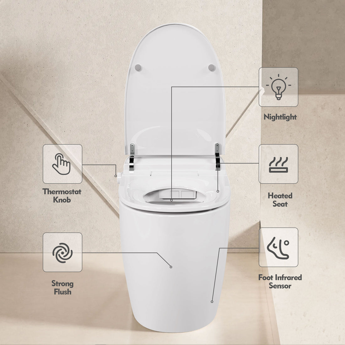 Heated Seat Smart Toilet, One Piece Toilet, Automatic Flush Tank Less Toilet Without Bidet, With Foot Sensor Flush, White Night Light, Knob Control, Power Outage Flushing, Soft Close Cover,White White Ceramic