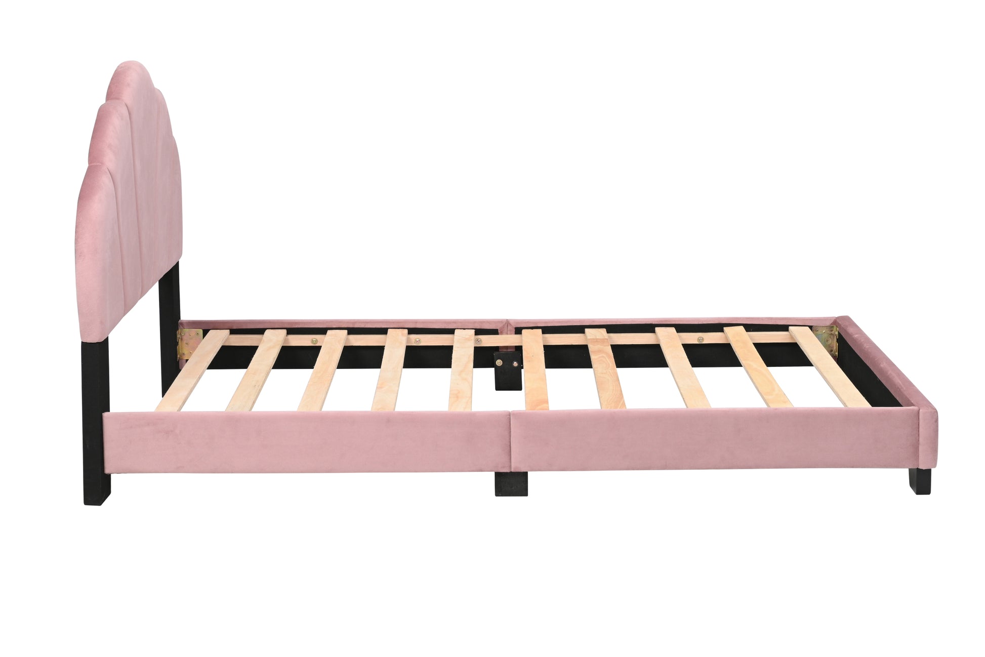 Upholstered Twin Size Platform Bed For Kids, Wooden Bed Frame With Slatted Bed Base, No Box Spring Needed, Cute Bed Frame With Shell Design Headboard For Girls Boys Teens, Pink Box Spring Not Required Twin Pink Wood Kids Velvet Acacia Wood