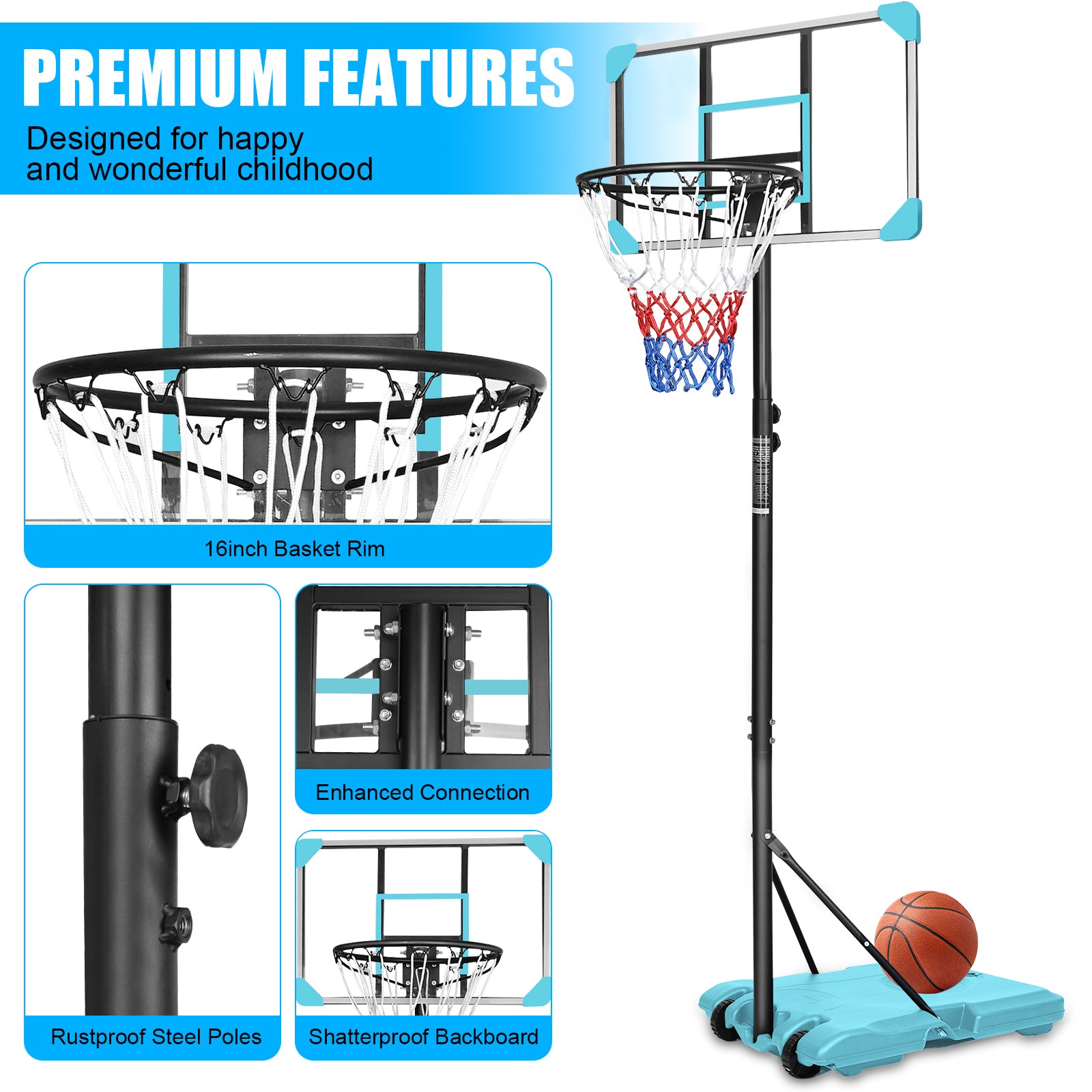 Portable Basketball Goal System With Stable Base And Wheels, Use For Indoor Outdoor Teenagers Youth Height Adjustable 5.6 To 7Ft Basketball Hoop 28 Inch Backboard Blue Sporty Iron