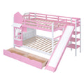 Full Over Full Castle Style Bunk Bed With 2 Drawers 3 Shelves And Slide Pink Pink Solid Wood