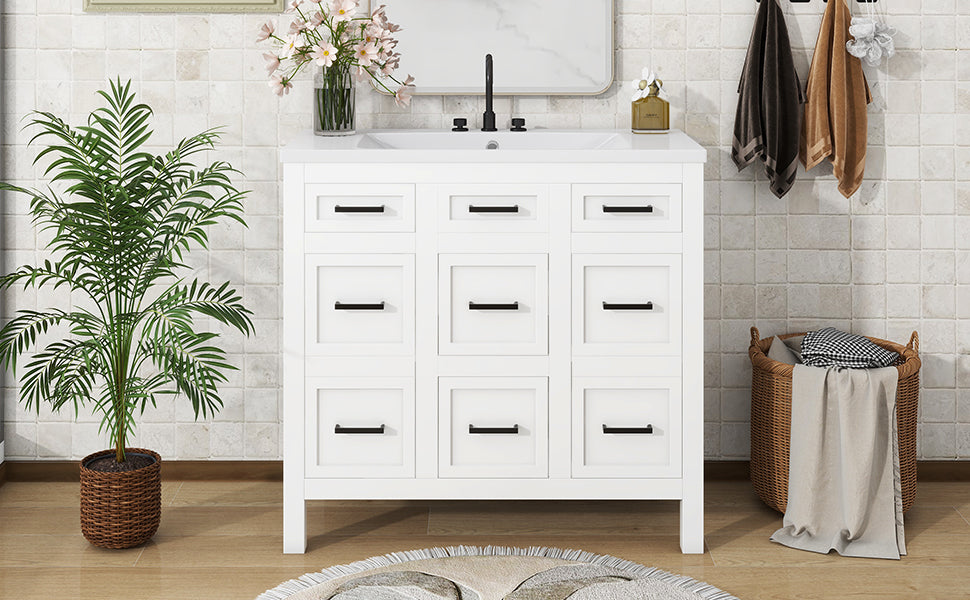 36" Bathroom Vanity Cabinet With Resin Integrated Sink 4 Drawers, 2 Doors White Solid Wood Mdf Resin