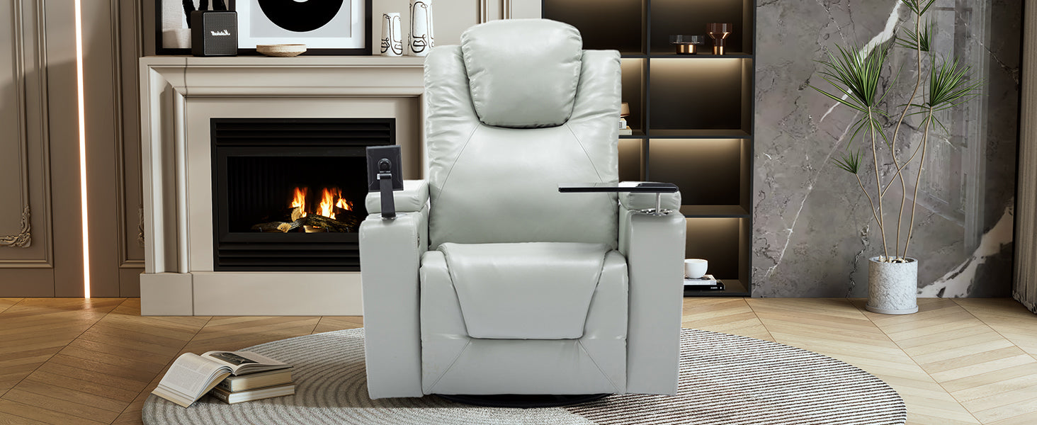 270 Degree Swivel Pu Leather Power Recliner Individual Seat Home Theater Recliner With Surround Sound, Cup Holder, Removable Tray Table, Hidden Arm Storage For Living Room, Grey Grey Foam Pu Leather