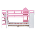 Twin Over Twin Castle Style Bunk Bed With 2 Drawers 3 Shelves And Slide Pink Pink Solid Wood