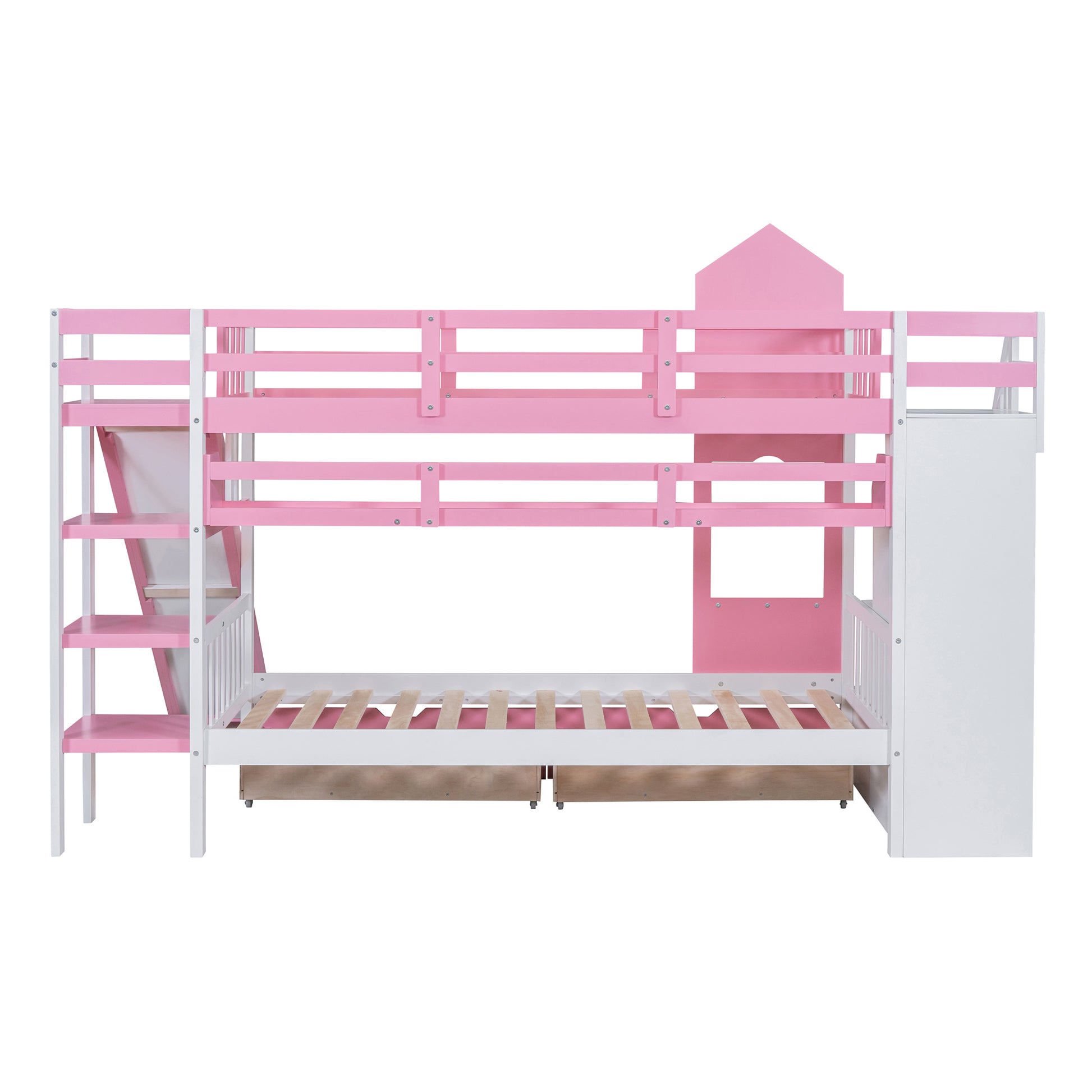 Twin Over Twin Castle Style Bunk Bed With 2 Drawers 3 Shelves And Slide Pink Pink Solid Wood