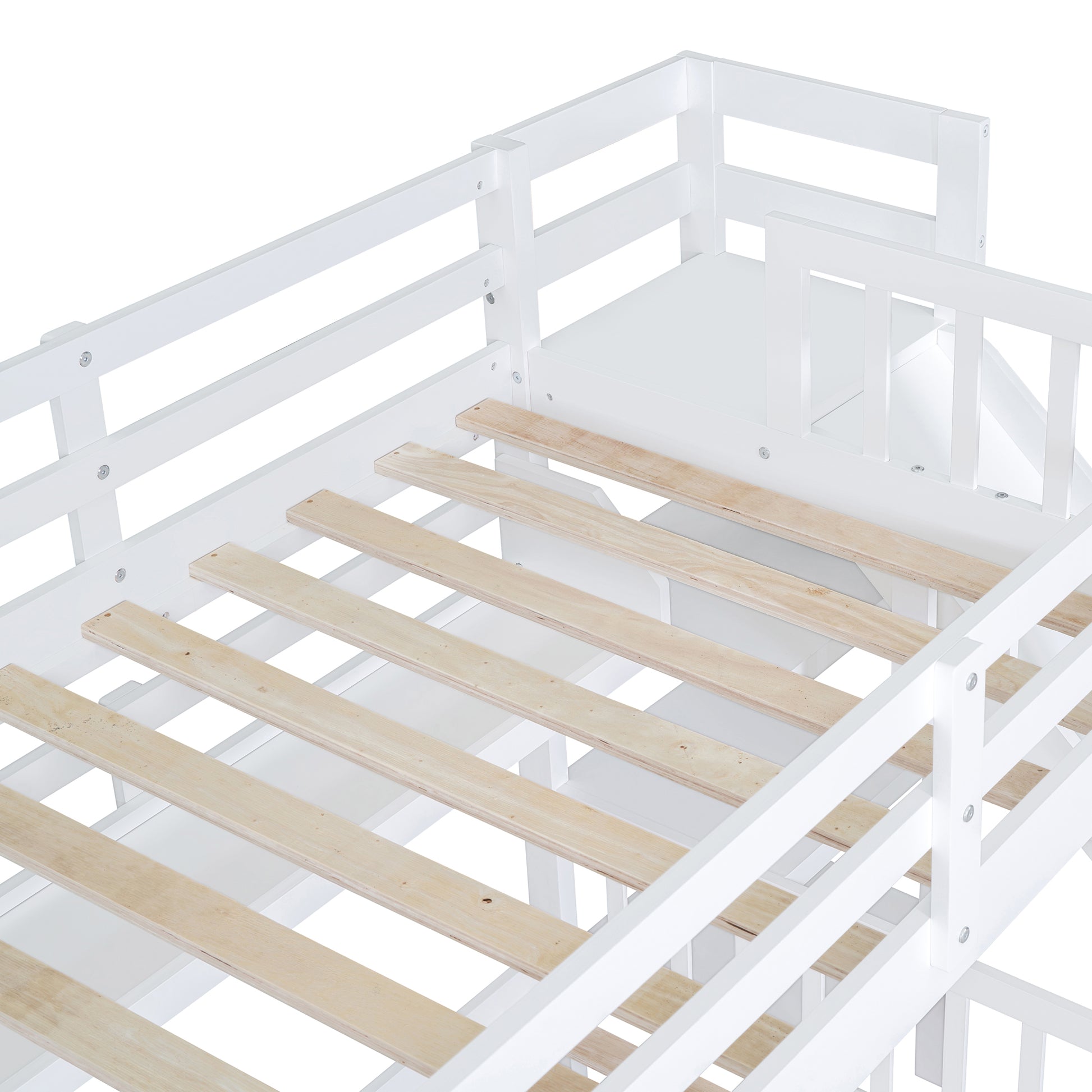 Twin Over Twin Castle Style Bunk Bed With 2 Drawers 3 Shelves And Slide White White Solid Wood