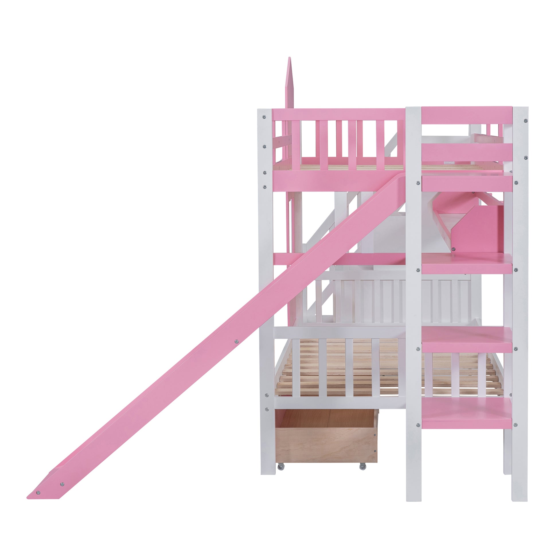 Twin Over Twin Castle Style Bunk Bed With 2 Drawers 3 Shelves And Slide Pink Pink Solid Wood