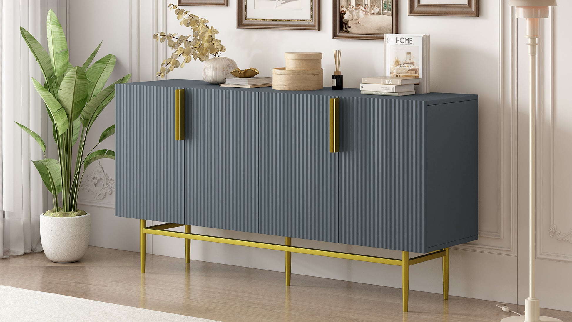 Modern Elegant 4 Door Sideboard Gold Metal Handle Buffet Cabinet For Dining Room, Living Room, Bedroom, Hallway Gray Gray Particle Board