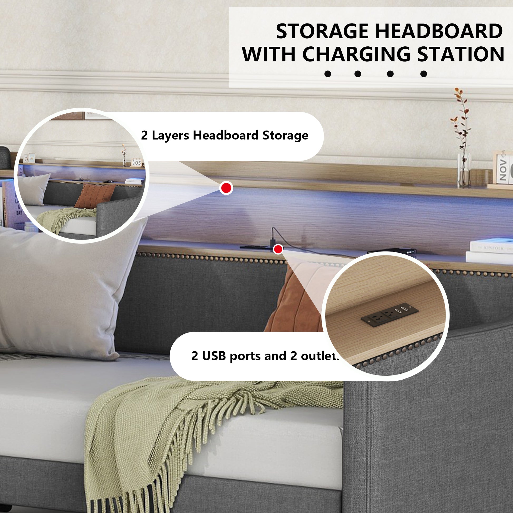 Twin Size Daybed With Storage Drawers, Upholstered Daybed With Charging Station And Led Lights, Gray Old Item W1580S00034 Twin Gray Linen