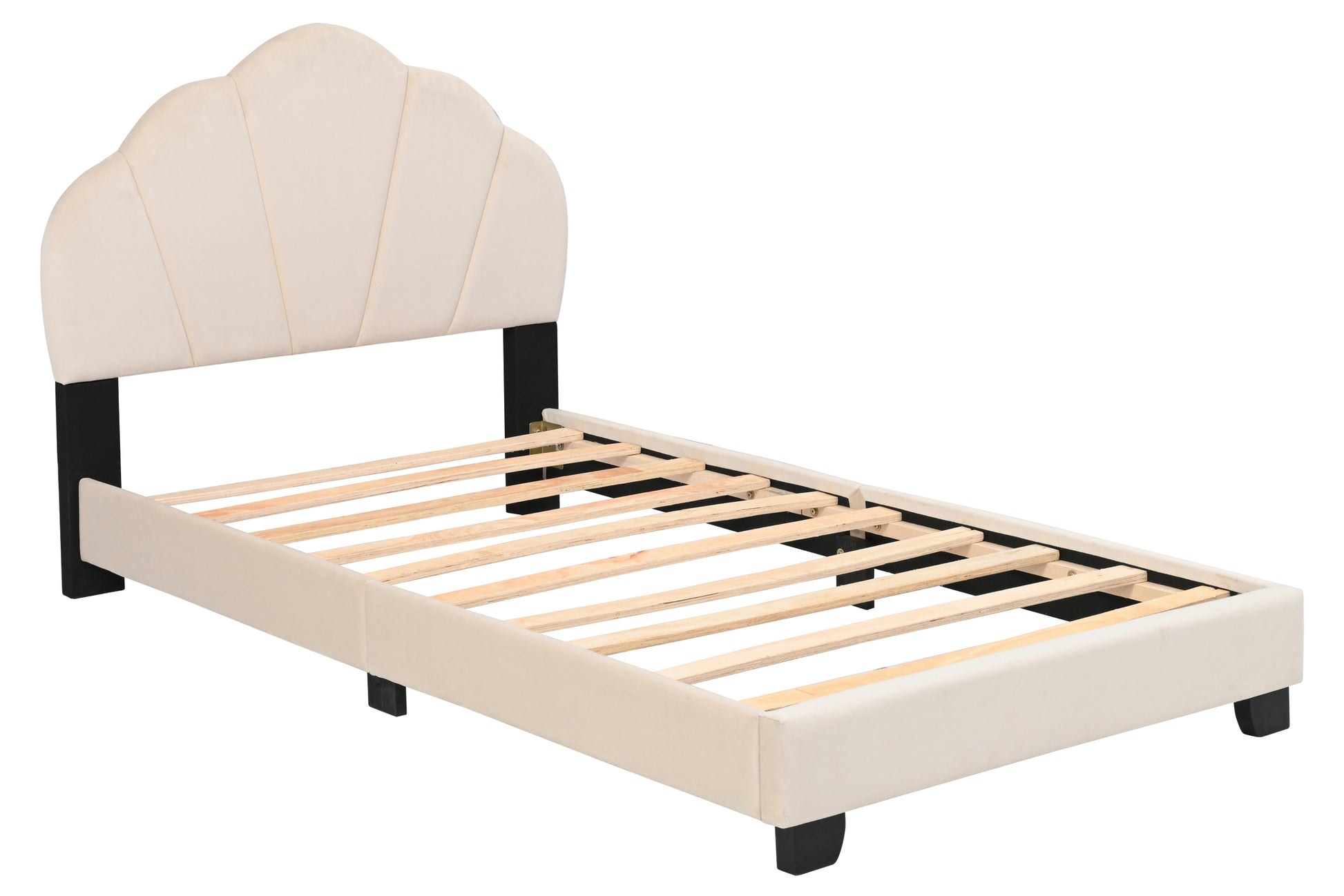 Upholstered Twin Size Platform Bed For Kids, Wooden Bed Frame With Slatted Bed Base, No Box Spring Needed, Cute Bed Frame With Shell Design Headboard For Girls Boys Teens, Beige Box Spring Not Required Twin Beige Wood Kids Velvet Acacia Wood