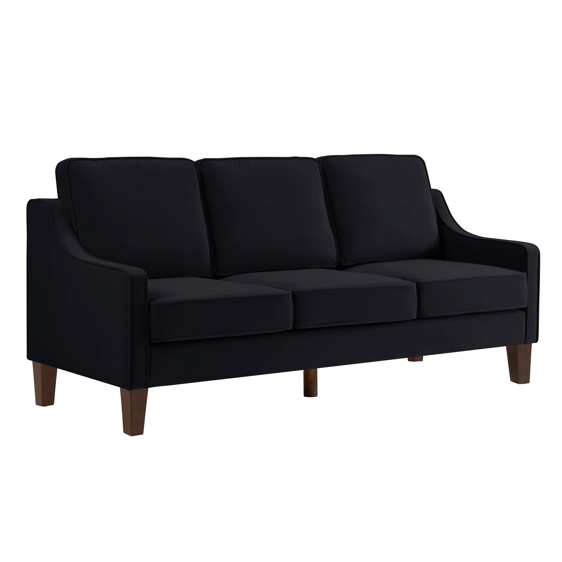 Modern 3 Person Seat Sofa Couch With Scooped Armrest Wood Legs,Upholstered Velvet 3 Seat Sofa With Removable Cushions For Livingroom Bedroom,Black Black Espresso Velvet Wood Primary Living Space Medium Soft Cushion Back American Design Rubberwood Square