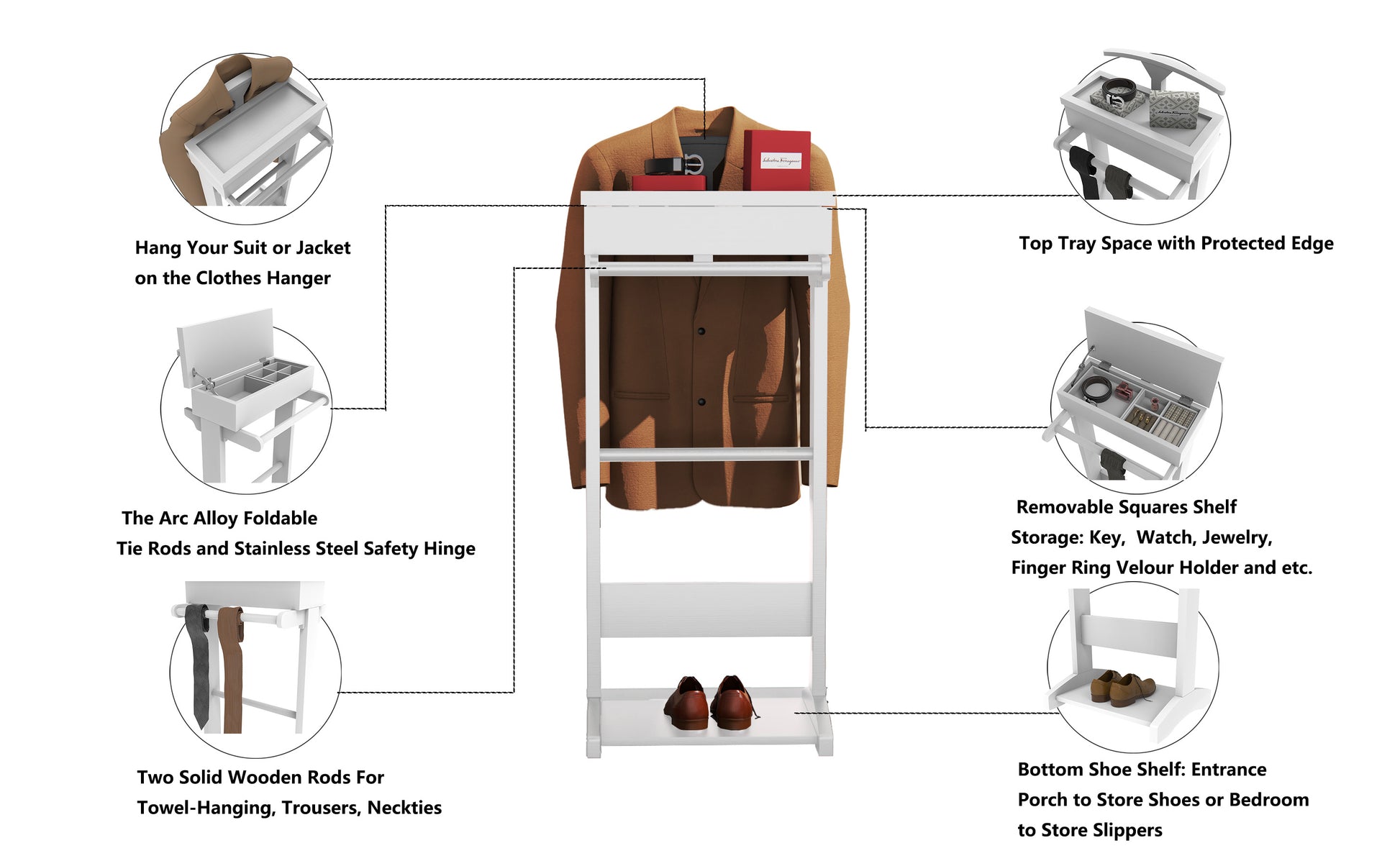 White Portable Garment Rack,Clothes Valet Stand With Storage Organizer White Mdf