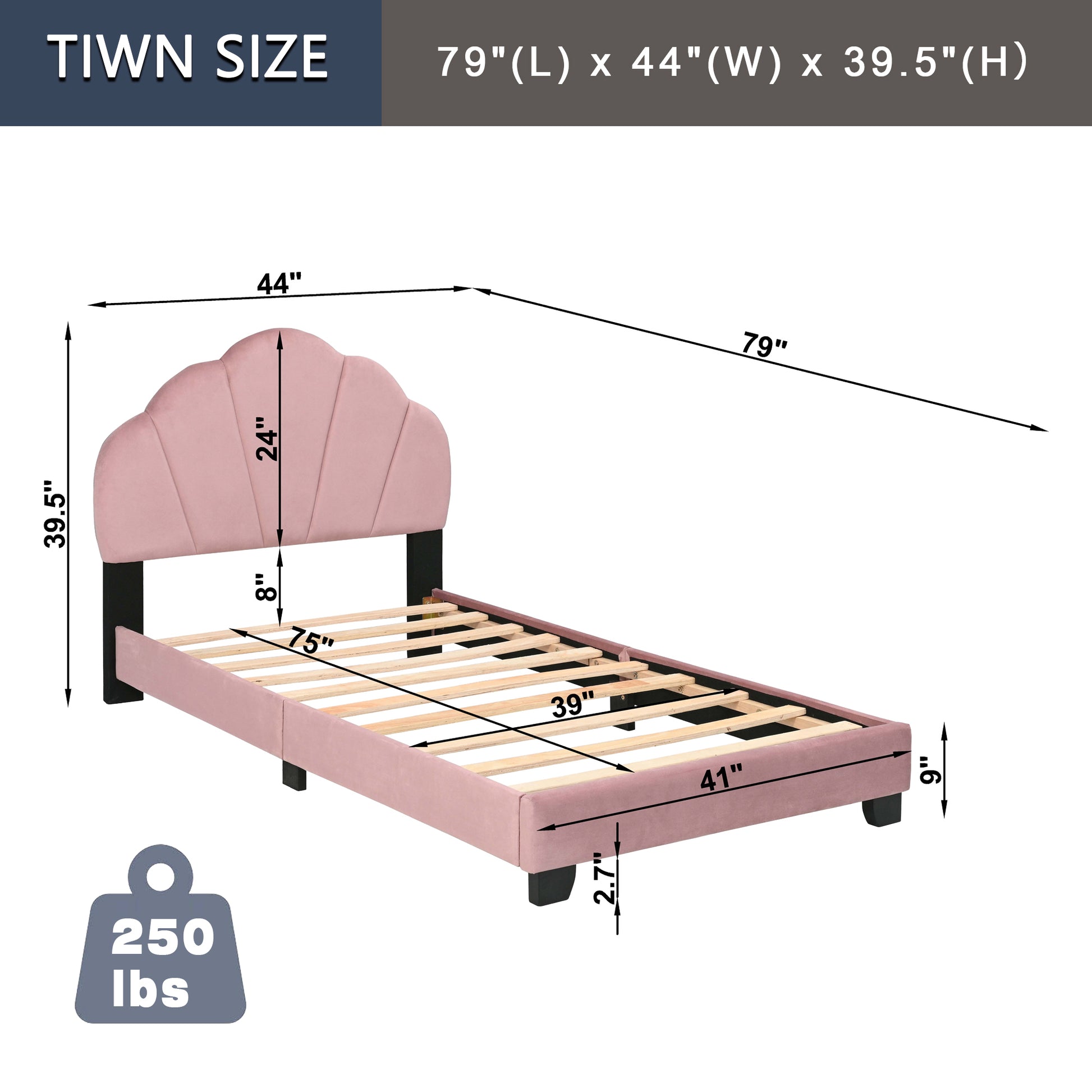 Upholstered Twin Size Platform Bed For Kids, Wooden Bed Frame With Slatted Bed Base, No Box Spring Needed, Cute Bed Frame With Shell Design Headboard For Girls Boys Teens, Pink Box Spring Not Required Twin Pink Wood Kids Velvet Acacia Wood