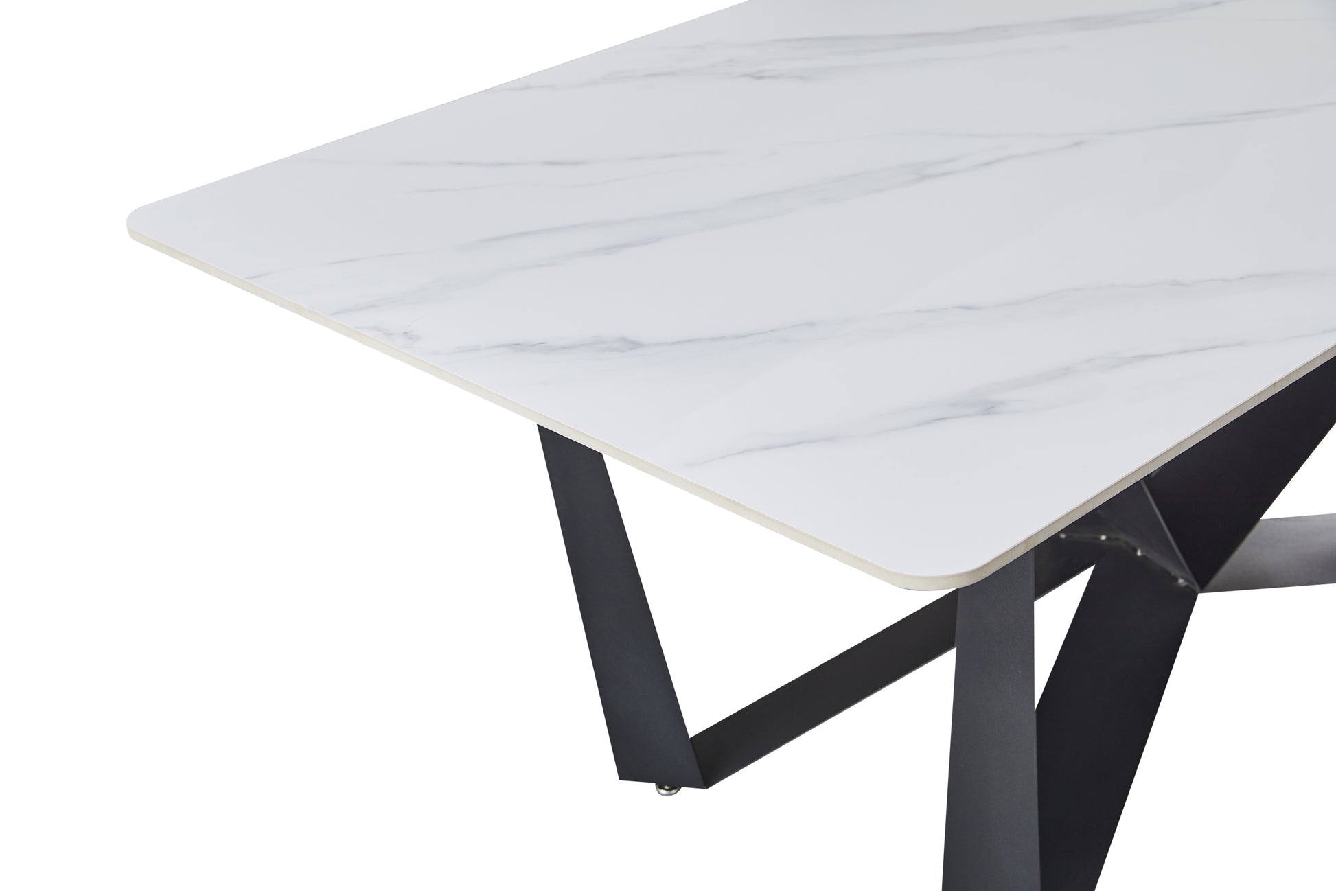 Sleek Black Sandstone Dining Table With Glossy Snow Mountain Stone Top And Carbon Steel Base Load Capacity 94.5 Kg Excluding Chairs White Carbon Steel