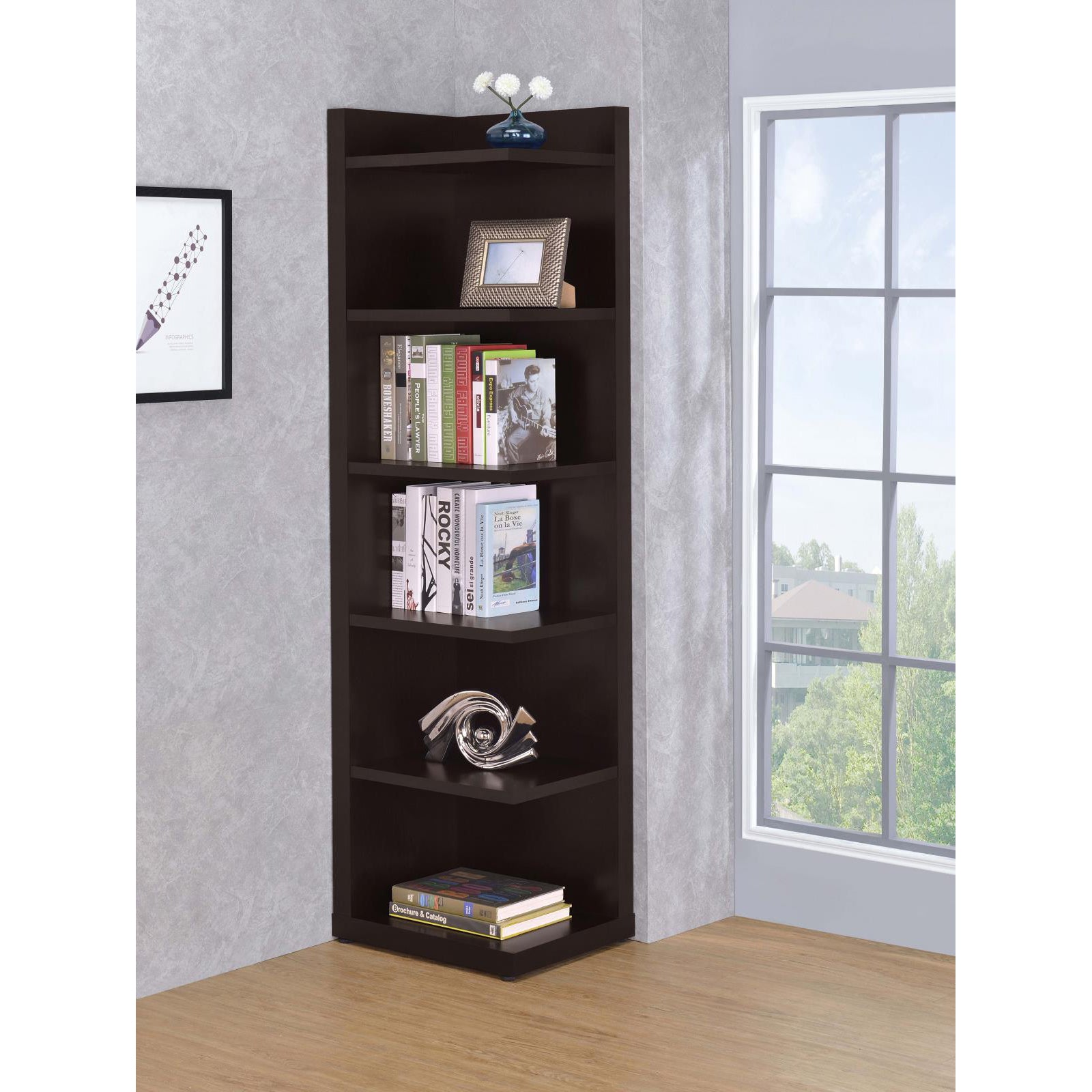 Cappuccino 6 Tier Corner Bookcase 6 Cappuccino Brown Corner Vertical Primary Living Space Closed Back Wood Transitional Wood