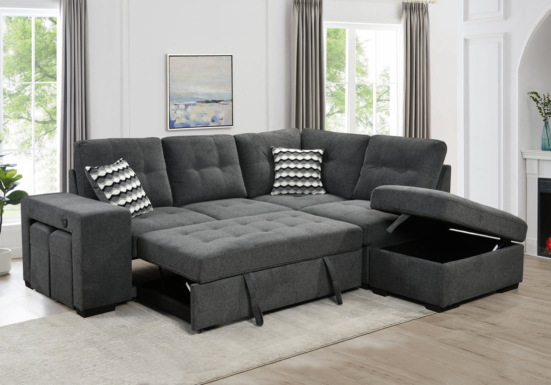 Sectional Pull Out Sofa Bed 101" Reversible L Shaped Corner Sleeper Upholstered Couch With Storage Ottoman, 2 Pillows,Usb Ports,2 Stools For Living Room Furniture Sets,Apartments,Dark Gray Light Brown Wood Primary Living Space Heavy Duty Eucalyptus 4