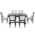 7 Piece Dining Table With 4 Trestle Base And 6 Upholstered Chairs With Slightly Curve And Ergonomic Seat Back Black Upholstered Chair Wood Black Seats 6 Wood Dining Room American Design,Antique Trestle Rectangular Dining Table With Chair Solid Wood Mdf