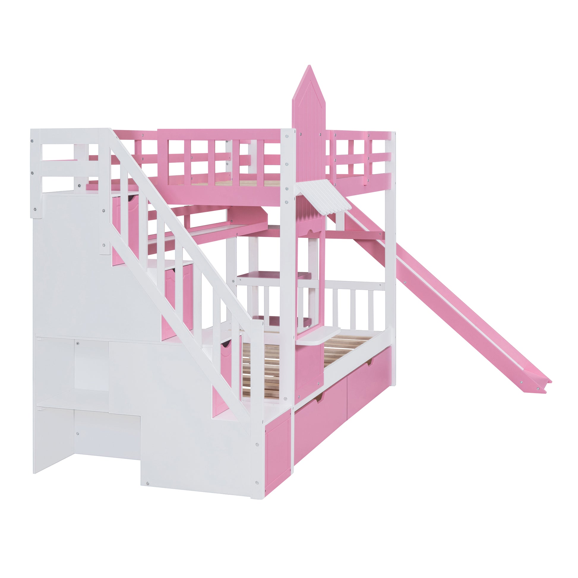 Twin Over Twin Castle Style Bunk Bed With 2 Drawers 3 Shelves And Slide Pink Pink Solid Wood