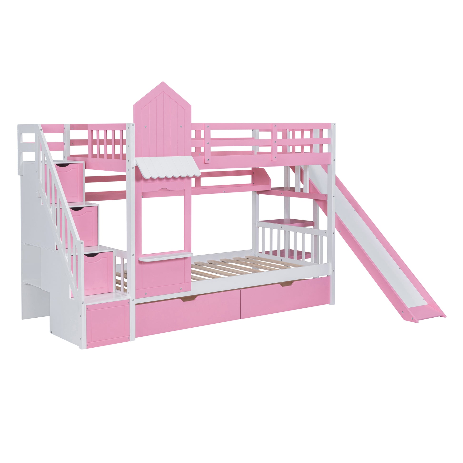 Twin Over Twin Castle Style Bunk Bed With 2 Drawers 3 Shelves And Slide Pink Pink Solid Wood