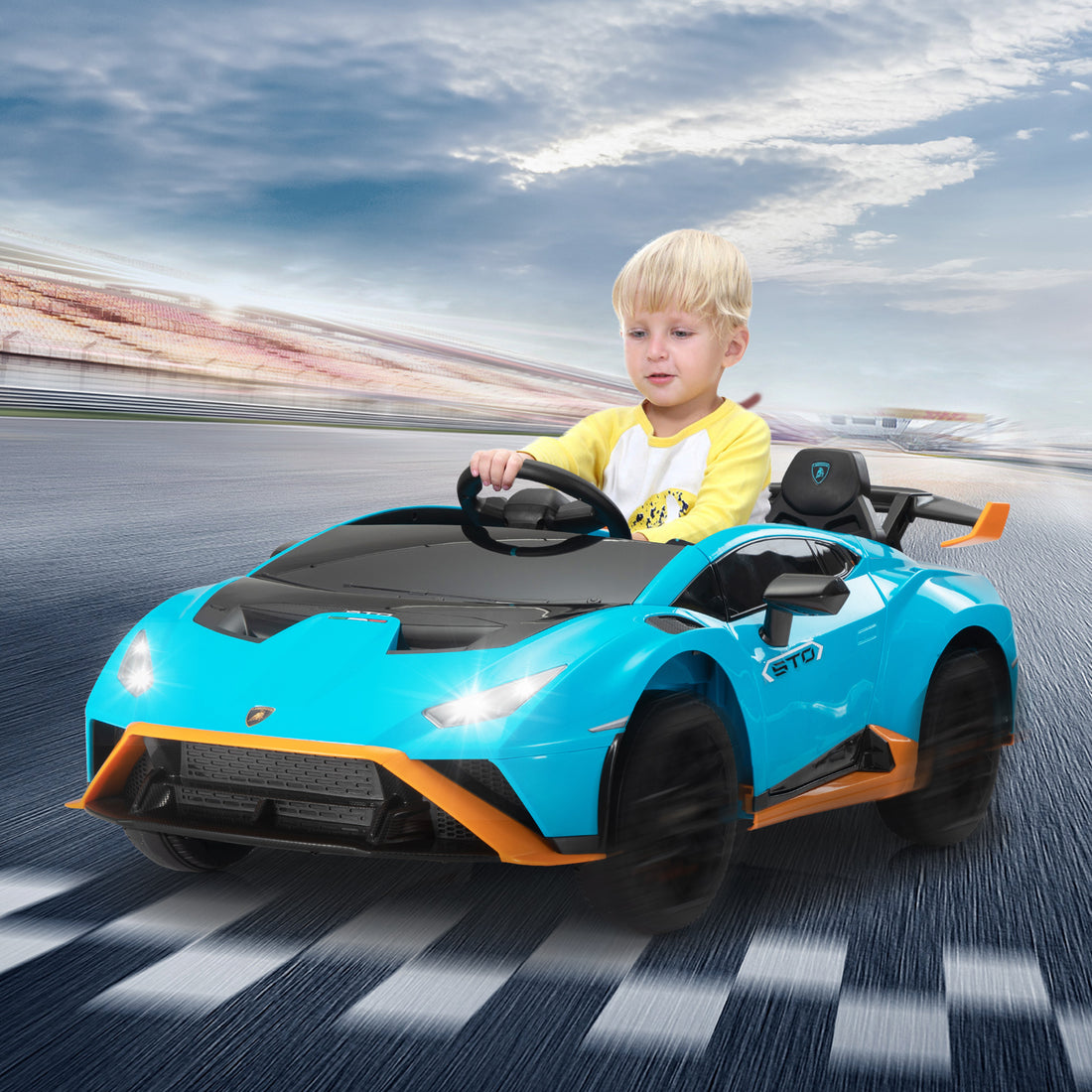 12V Battery Powered Ride On Car For Kids, Licensed Lamborghini, Remote Control Toy Vehicle With Music Player, Led Light, 2 Driving Modes Blue Polypropylene