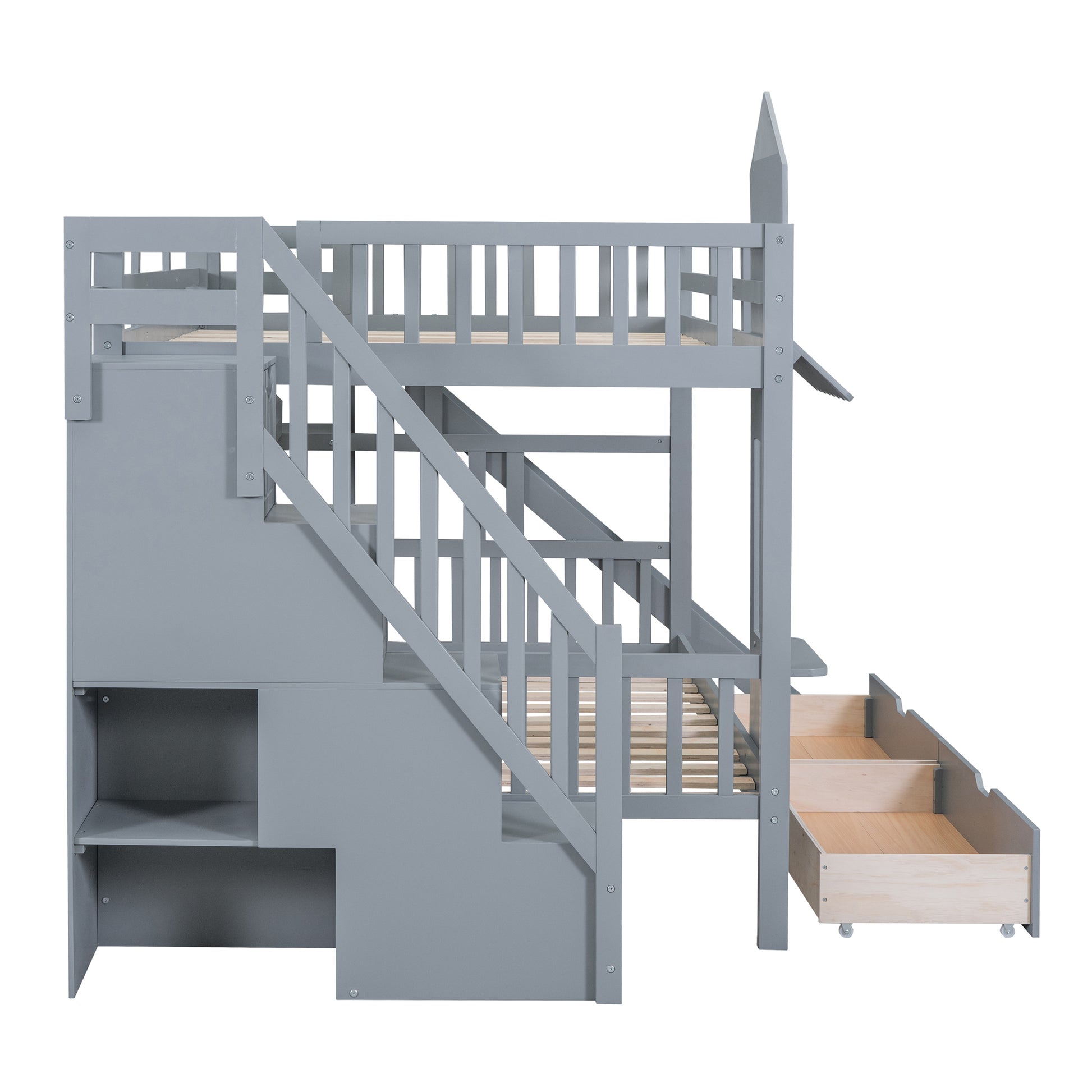 Full Over Full Castle Style Bunk Bed With 2 Drawers 3 Shelves And Slide Gray Gray Solid Wood