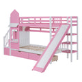 Twin Over Twin Castle Style Bunk Bed With 2 Drawers 3 Shelves And Slide Pink Pink Solid Wood