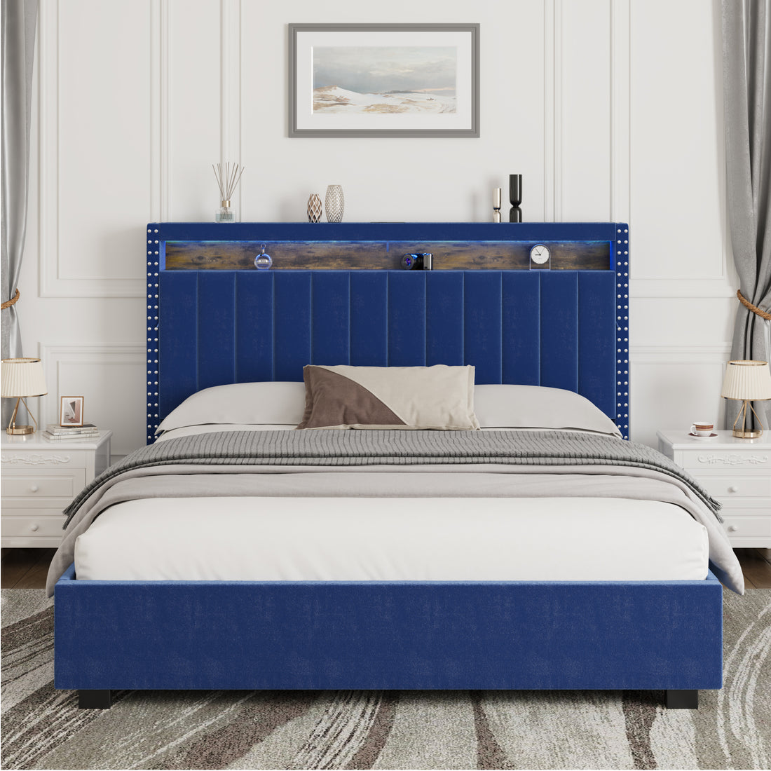 Luxury Gas Lift Storage Bed With Rf Led Lights, Storage Headboard ,Full Size ,Velvet Blue Box Spring Not Required Full Blue Wood Brown Bedroom American Design Poplar Slat Beds Polyurethane Foam