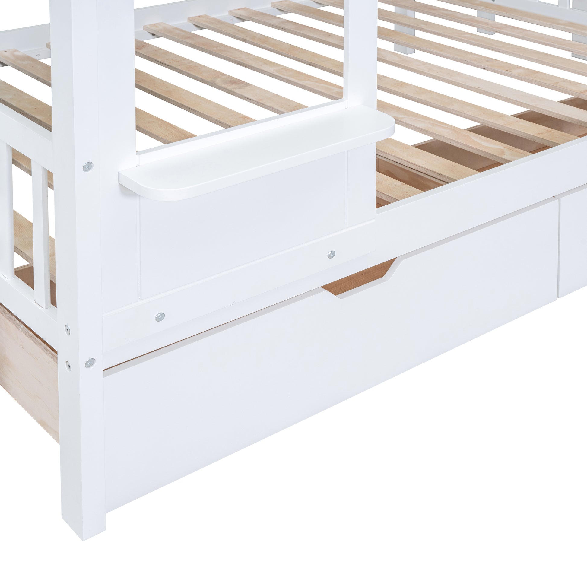 Full Over Full Castle Style Bunk Bed With 2 Drawers 3 Shelves And Slide White White Solid Wood