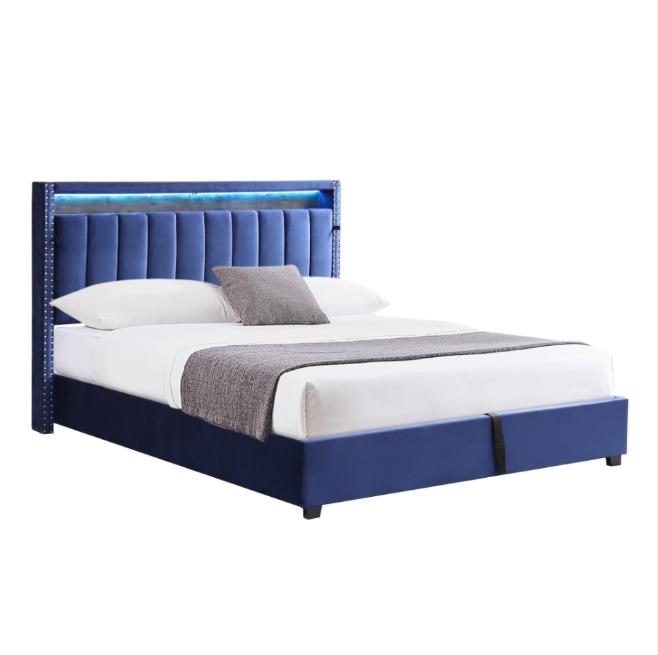 Luxury Gas Lift Storage Bed With Rf Led Lights, Storage Headboard ,Full Size ,Velvet Blue Box Spring Not Required Full Blue Wood Brown Bedroom American Design Poplar Slat Beds Polyurethane Foam