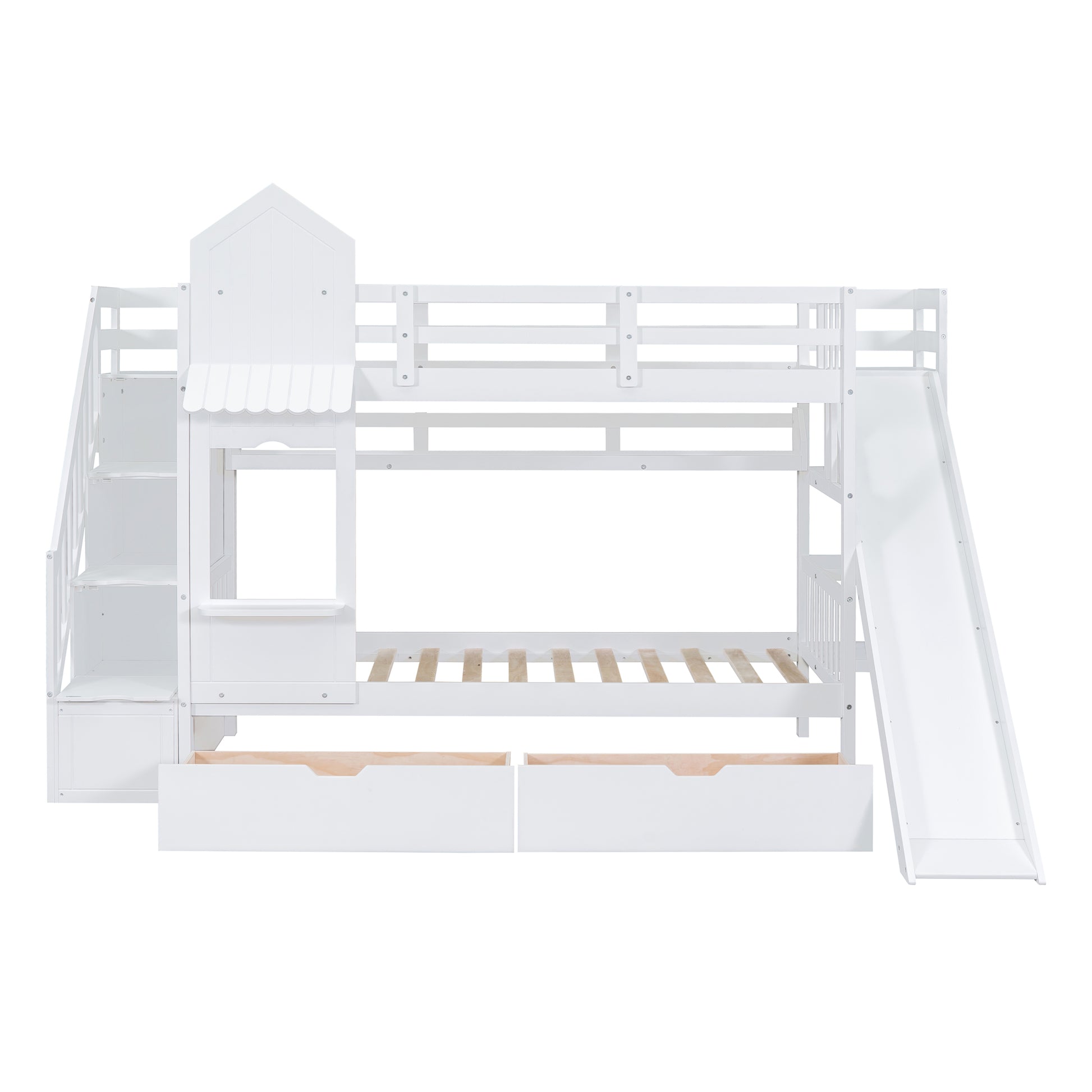 Twin Over Twin Castle Style Bunk Bed With 2 Drawers 3 Shelves And Slide White White Solid Wood