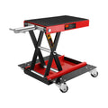 Motorcycle Lift, 1100 Lbs Motorcycle Lift Atv Scissor Lift Jack With Dolly & Hand Crank, Center Hoist Crank Stand With Wide Deck & Tool Tray For Street Bikes, Cruiser Bikes, Touring Motorcycles Red Steel