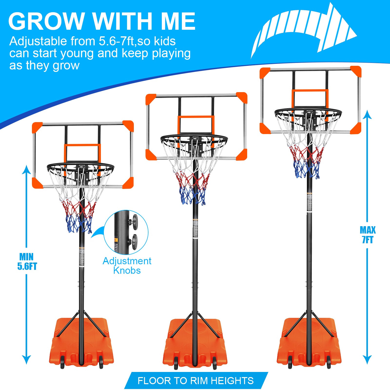 Portable Basketball Goal System With Stable Base And Wheels, Use For Indoor Outdoor Teenagers Youth Height Adjustable 5.6 To 7Ft Basketball Hoop 28 Inch Backboard Orange Sporty Iron