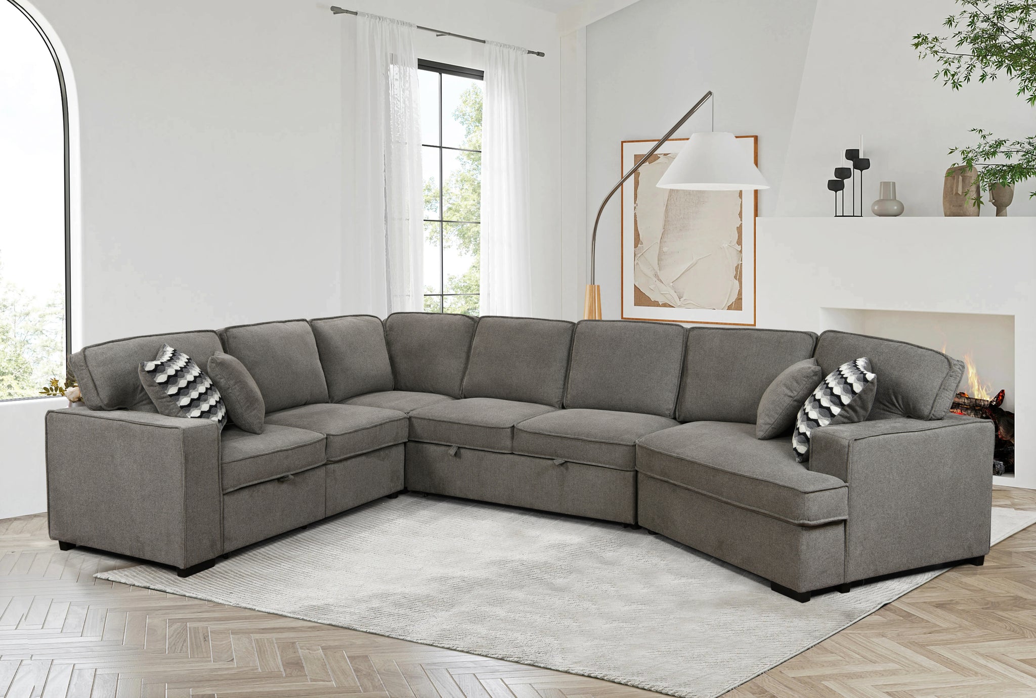 146"Oversized Upholstered Sectional Pull Out Sleeper Bed And Chaise Lounge, U Shaped Sofa With 2 Pull Out Bed, 4 Pillows & 2 Cup Holders On Back Cushions For Home, Bedroom, Apartment, Light Grey Light Brown Wood Primary Living Space Heavy Duty Eucalyptus