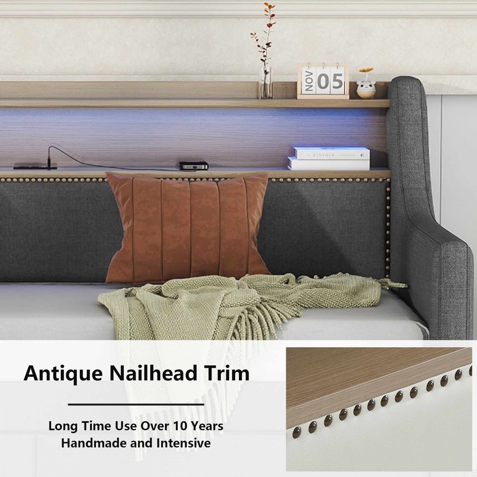 Twin Size Daybed With Storage Drawers, Upholstered Daybed With Charging Station And Led Lights, Gray Old Item W1580S00034 Twin Gray Linen