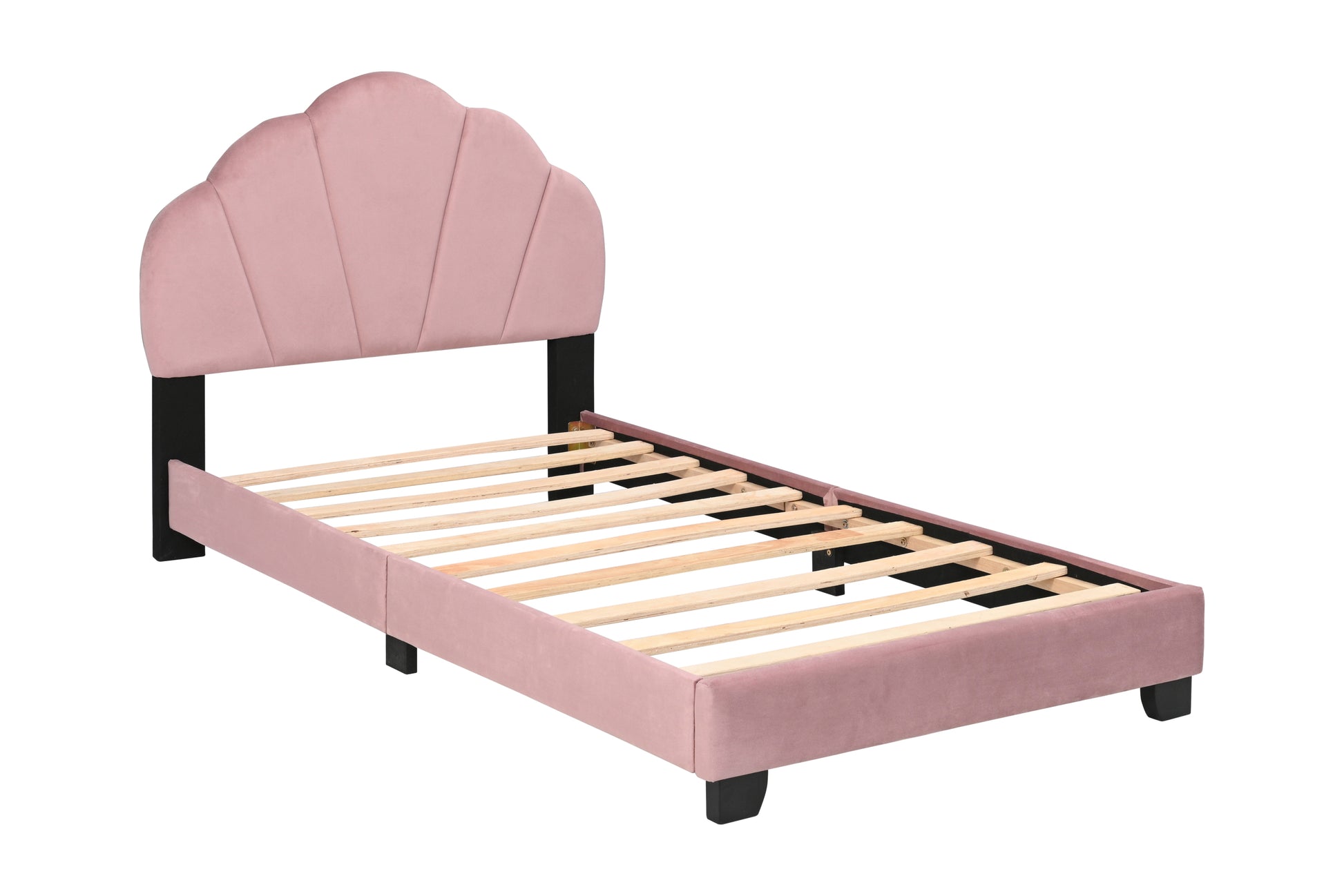 Upholstered Twin Size Platform Bed For Kids, Wooden Bed Frame With Slatted Bed Base, No Box Spring Needed, Cute Bed Frame With Shell Design Headboard For Girls Boys Teens, Pink Box Spring Not Required Twin Pink Wood Kids Velvet Acacia Wood