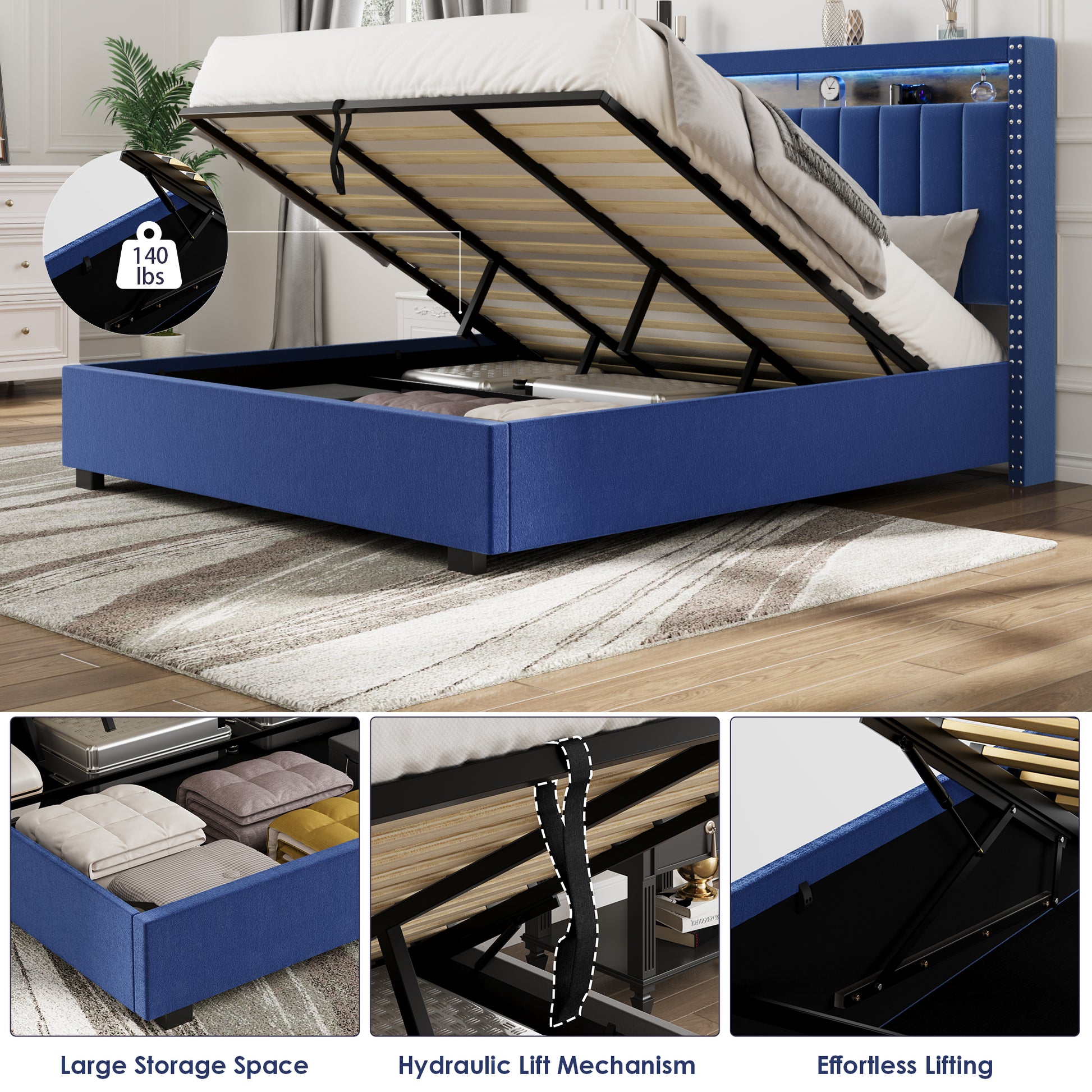 Luxury Gas Lift Storage Bed With Rf Led Lights, Storage Headboard ,Full Size ,Velvet Blue Box Spring Not Required Full Blue Wood Brown Bedroom American Design Poplar Slat Beds Polyurethane Foam