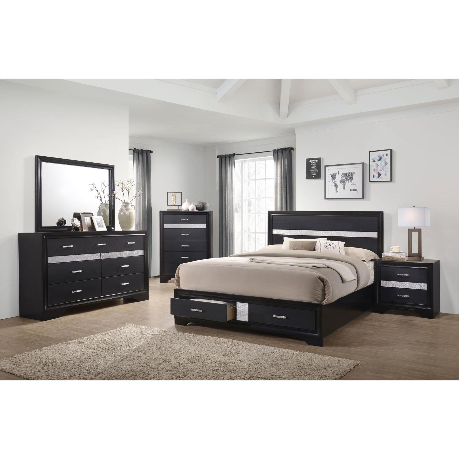 Black 2 Drawer Nightstand With Hidden Jewelry Tray Black 2 Drawers Bedroom Drawer Storage Contemporary,Modern Rubberwood Felt Lined Drawers Black Wood