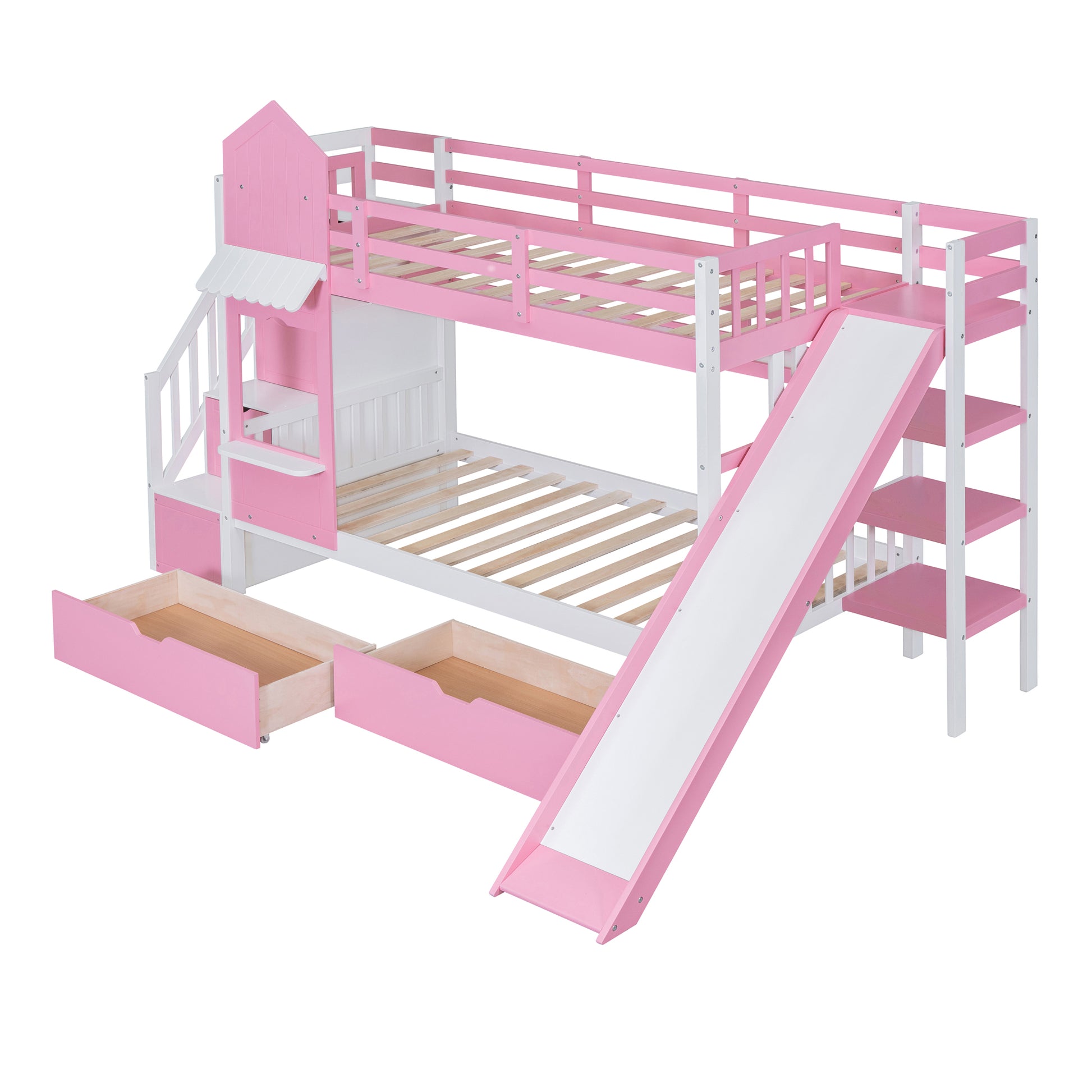 Twin Over Twin Castle Style Bunk Bed With 2 Drawers 3 Shelves And Slide Pink Pink Solid Wood