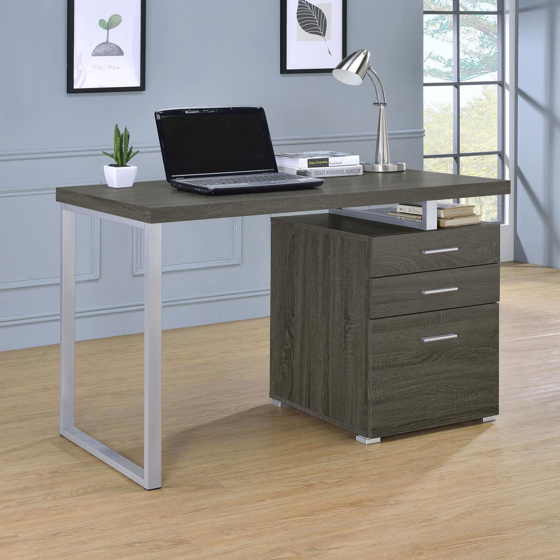 Weathered Grey 3 Drawer Reversible Office Desk Grey Gray Writting Desk Office Contemporary,Modern Freestanding Rectangular Drawers Desk Wood Sled