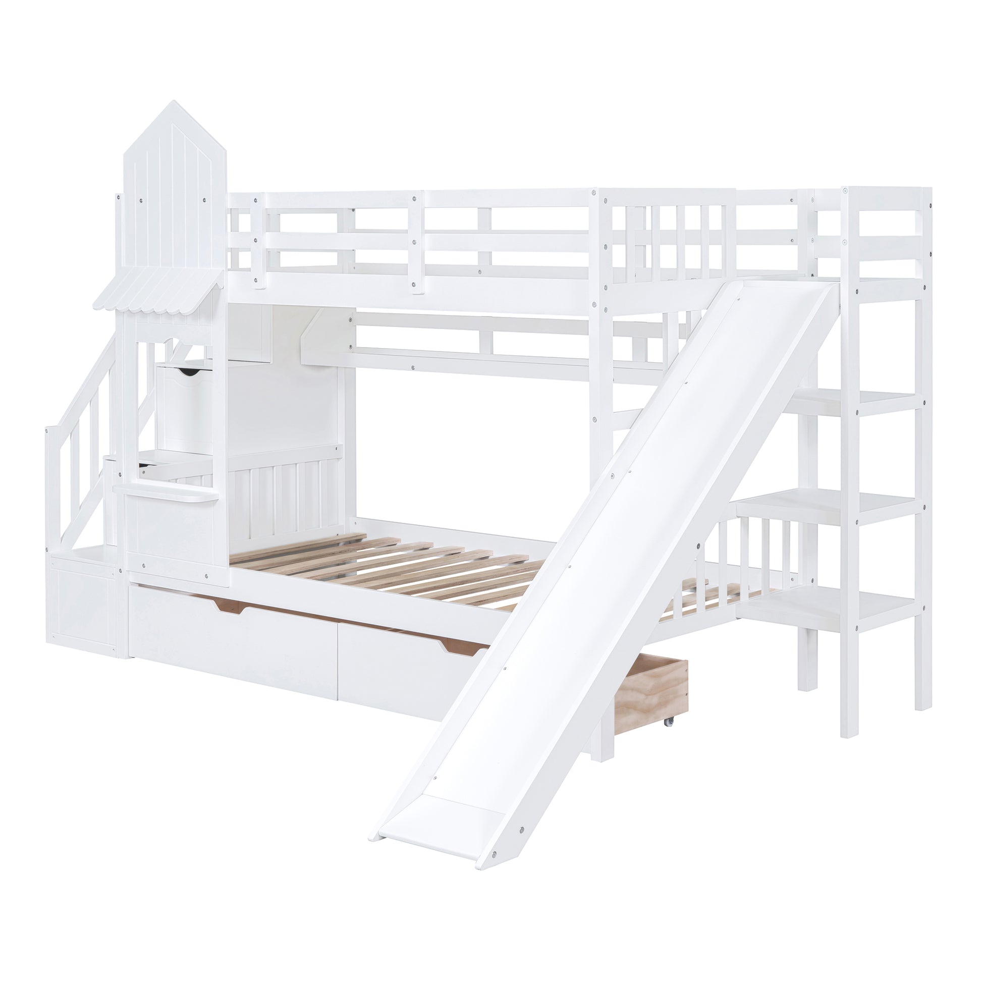 Twin Over Twin Castle Style Bunk Bed With 2 Drawers 3 Shelves And Slide White White Solid Wood