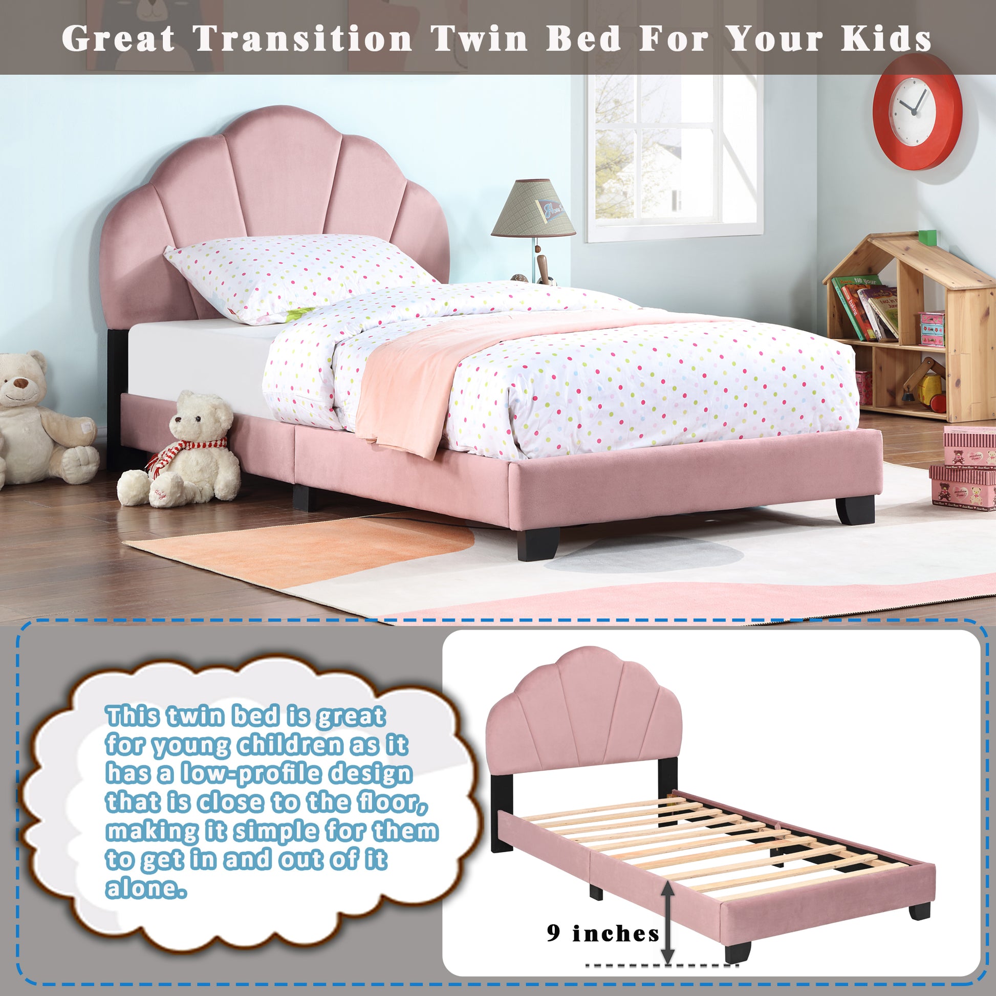 Upholstered Twin Size Platform Bed For Kids, Wooden Bed Frame With Slatted Bed Base, No Box Spring Needed, Cute Bed Frame With Shell Design Headboard For Girls Boys Teens, Pink Box Spring Not Required Twin Pink Wood Kids Velvet Acacia Wood