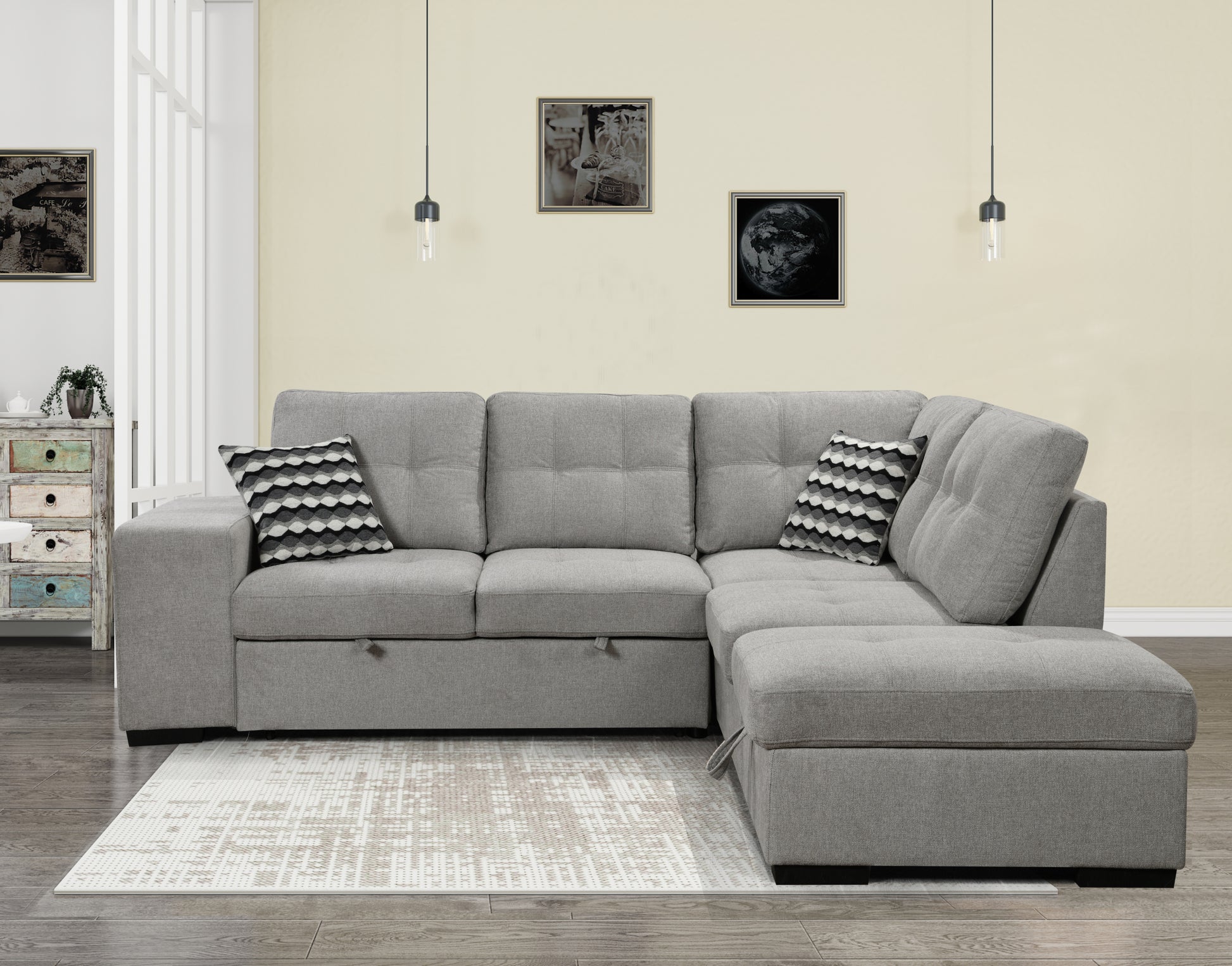 Sectional Pull Out Sofa Bed 101" Reversible L Shaped Corner Sleeper Upholstered Couch With Storage Ottoman, 2 Pillows,Usb Ports,2 Stools For Living Room Furniture Sets,Apartments, Light Gray Light Brown Wood Primary Living Space Heavy Duty Eucalyptus 4