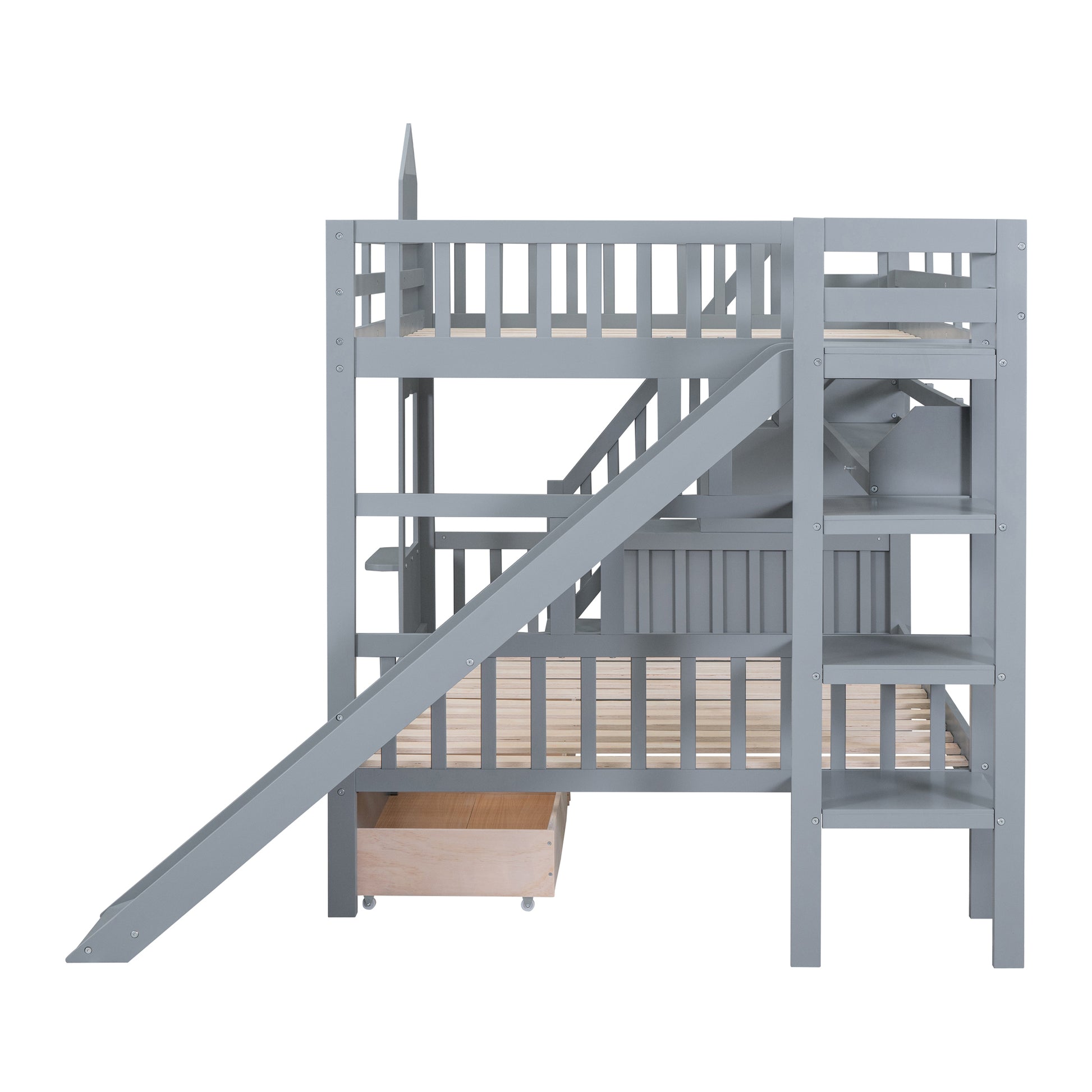 Full Over Full Castle Style Bunk Bed With 2 Drawers 3 Shelves And Slide Gray Gray Solid Wood