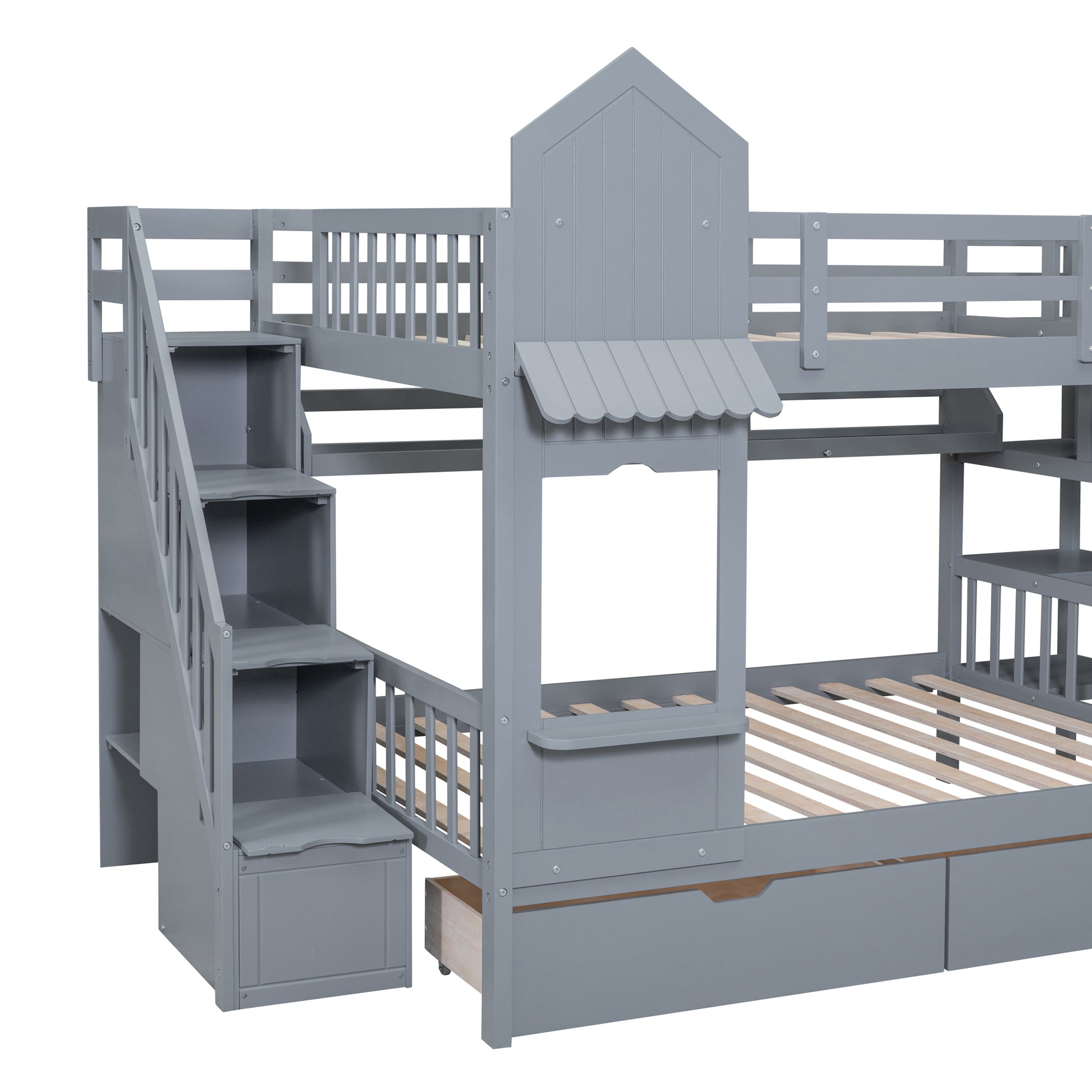 Full Over Full Castle Style Bunk Bed With 2 Drawers 3 Shelves And Slide Gray Gray Solid Wood