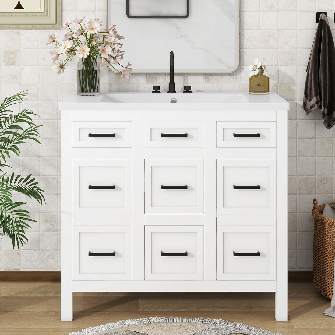 36" Bathroom Vanity Cabinet With Resin Integrated Sink 4 Drawers, 2 Doors White Solid Wood Mdf Resin